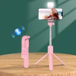 Palo selfie con trípode y luz LED rosado
