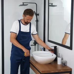 fontanero profesional midiendo un lavamanos